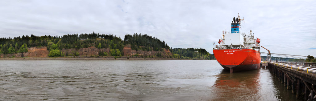 Large ship docked on the Columbia River in Oregon.