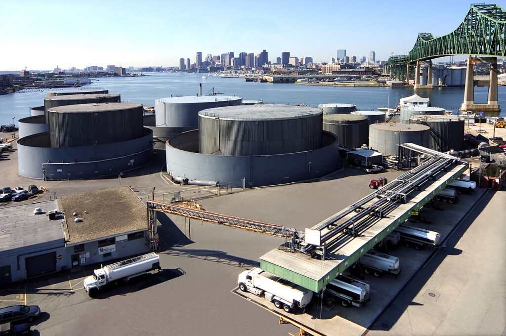 06Calendarpic_96dpiRGB.jpg Global heating oil terminal from the air with the city of Boston in the distance