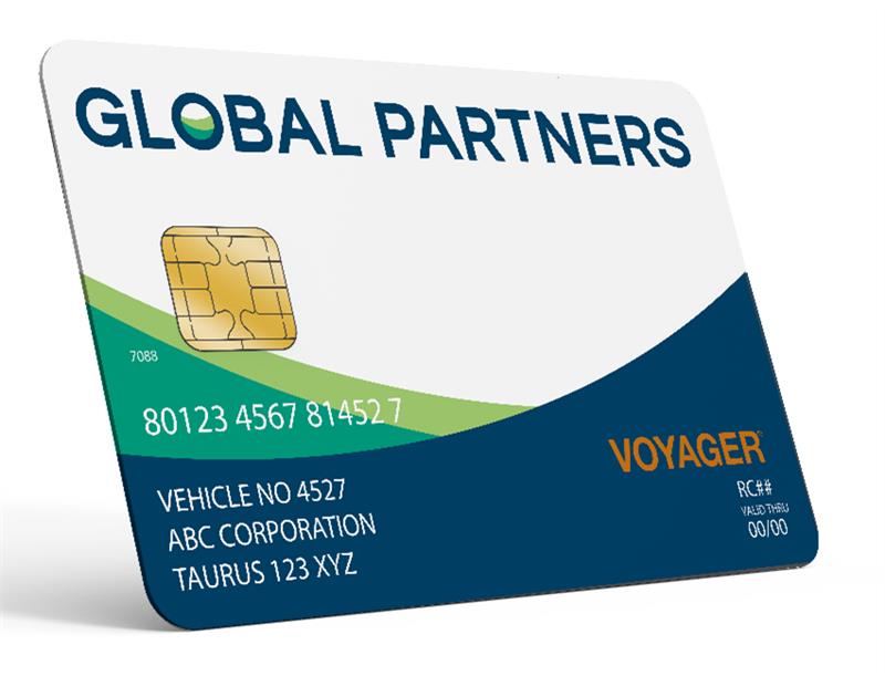 Global Partners Voyager fleet card showing the Global Partners logo, embedded chip, and cardholder details on a blue and green design.